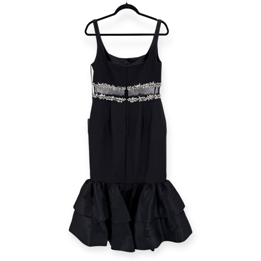 NWT Mac Duggal Black‎ Crepe Ruffle Hem Midi Dress With Jewel Detail - Size 8 - Picture 11 of 14